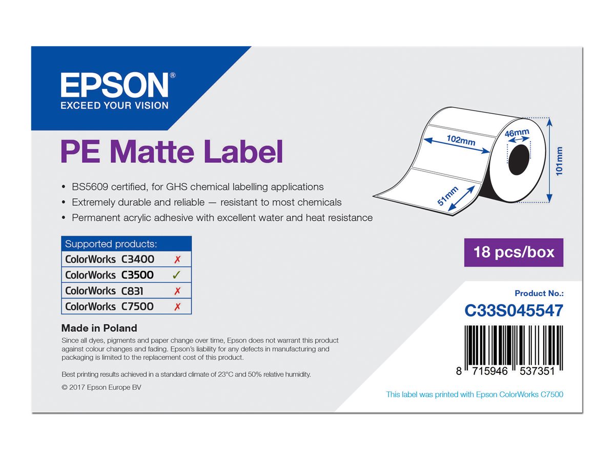 Epson PE - Matt - 102 x 51 mm 535 Etikett(en) (1 Rolle(n) x 535) gestanzte Etiketten - für ColorWorks CW-C4000E (BK), CW-C4000E 