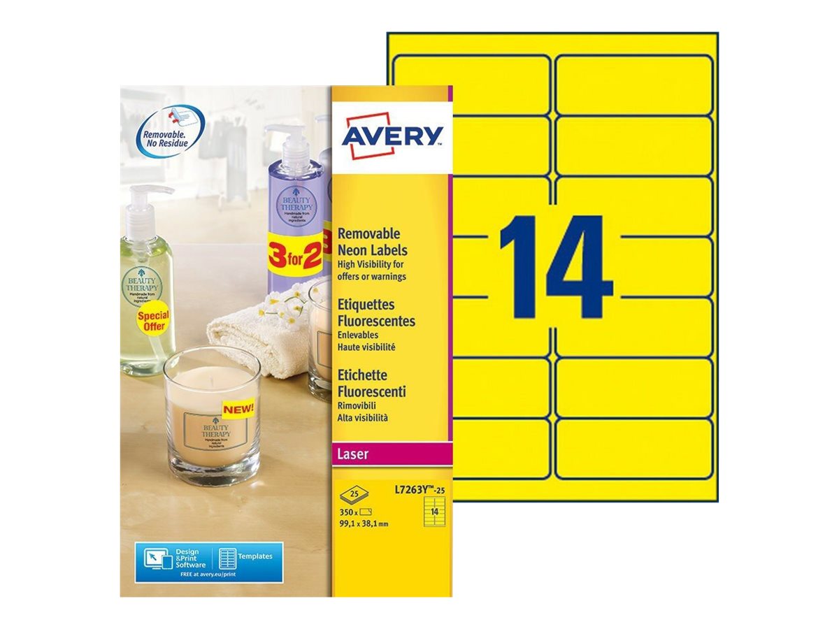 Avery High Visibility Labels - Permanenter Klebstoff - Neongelb - 99.1 x 38.1 mm 350 Etikett(en) (25 Bogen x 14) Etiketten