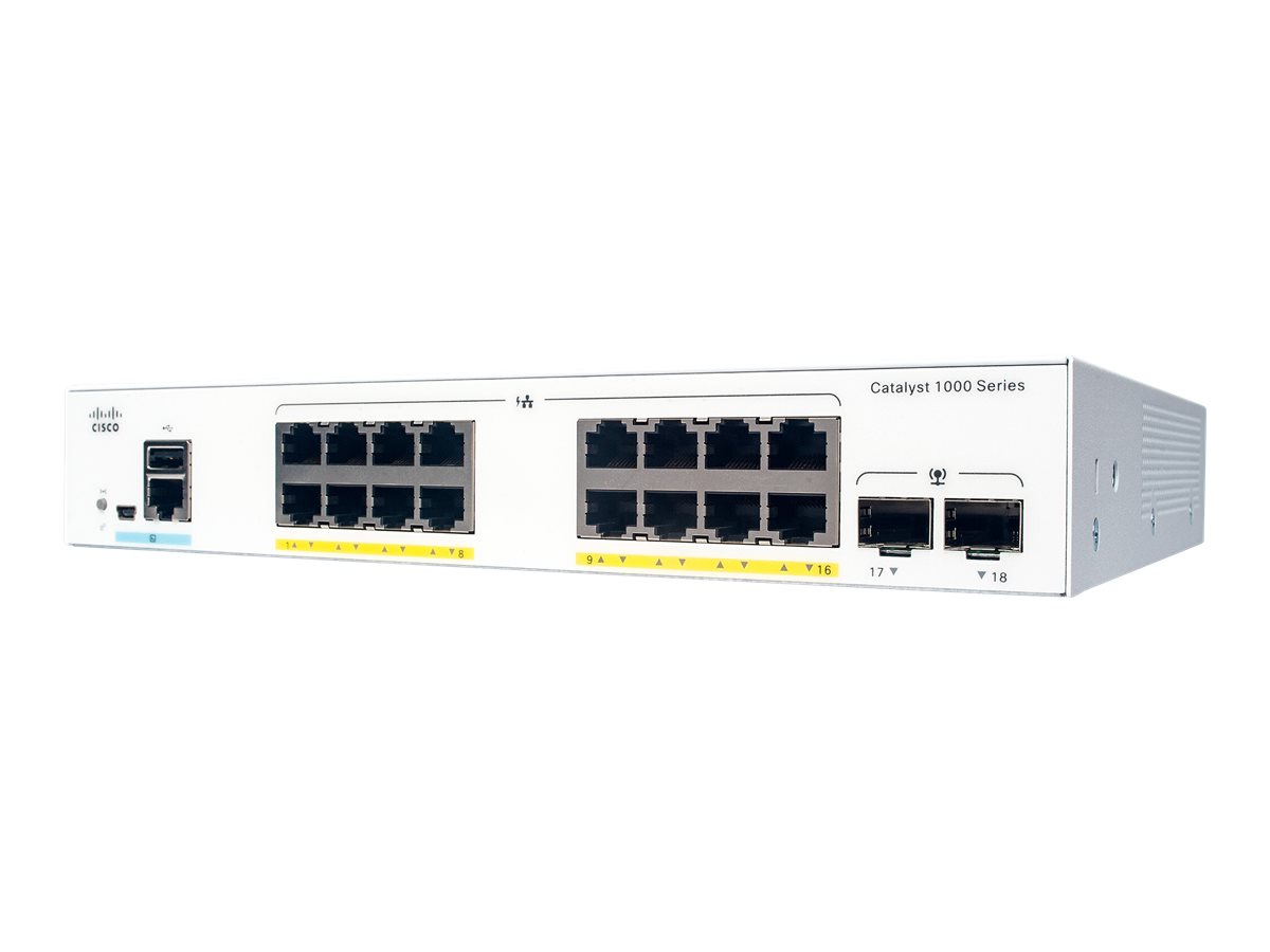 Cisco Catalyst 1000-16FP-2G-L - Switch - managed - 16 x 10/100/1000 (PoE+) + 2 x Gigabit SFP (Uplink) - an Rack montierbar - PoE